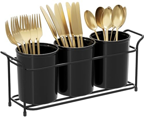 Lifewit 3-teiliger Besteckhalter mit 13.5 x 10.2 x 34 cm Metallrahmen, Küchenutensilienhalter Besteckkorb Tisch aus Kunststoff für Gabeln/Löffel/Messer, Schwarz