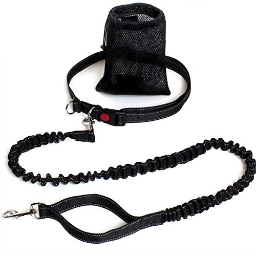 iGadgitz Home U6990 - Jogging Hundeleine Freihandleinen für Hunde Dehnbare Hund Joggingleine Handfrei Leine mit Hüftgurt und Tragetasche mit Zugband - Schwarz