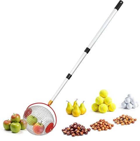 Spetebo Rollsammler für Früchte und Nüsse mit Alu Teleskopstiel bis 120 cm | Obstsammler mit rundem Erntekorb und Teleskopstange - Kugelpflücker Erntehelfer für Äpfel Birnen Obst