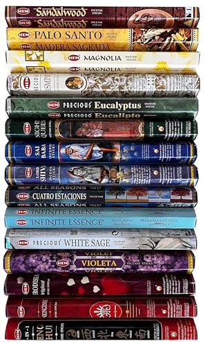 Hem Incense Set - Assortment of 15 (with an Exclusive Fragrance) - Total 300 Sticks - Aromatherapy - Meditation - Spirituality - Natural and Ecological