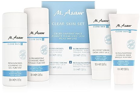 M. Asam CLEAR SKIN Set – Gesichtsreinigungs-Set gegen Pickel & Hautunreinheiten beinhaltet Reinigungsgel (200ml), Klärungstonic (200ml), 24H Effect Cream (100ml) & Reinigungsmaske (100ml)