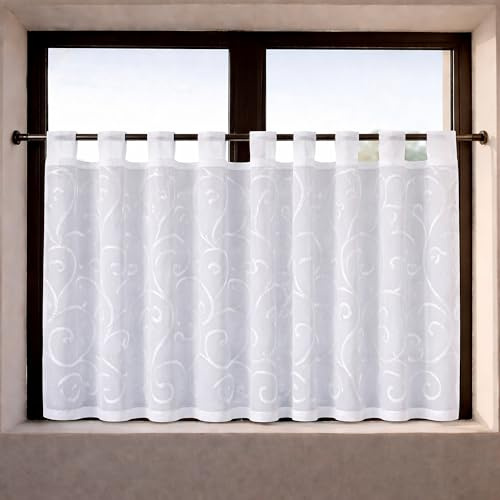 Happy Home Scheibengardine Ivy Weiß 150x50 cm – Elegante Bistrogardine mit Ornament-Muster – Voile Kurzgardine mit Schlaufen – Moderne Fenstergardine für Küche & Wohnzimmer