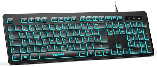 TECKNET Kabelgebundene Tastatur USB mit 7-Farben RGB-Beleuchtung, Deutsches QWERTZ Vollgröße, Leise Tastatur Spritzwassergeschützt für PC/Laptop (Windows/Mac) - Schwarz