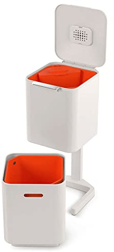 Joseph Joseph IntelligentWaste Totem Compact 40 L – Abfalltrennsystem – Küchenabfalleimer mit getrennten Wertstoff- und Speiseabfallfächern, Deckel mit integriertem Geruchsfilter, 40 Liter – Stein