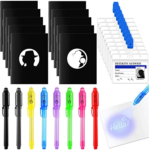 Detektiv Set Kinder,48Stk Detektiv Geburtstag Mitgebsel mit Geheimstift mit UV Licht,Notizbuch,Detektivausweis Ausweise mit Clip,Detektivisches Rollenspiel für Kindergeburtstag,Geschenke