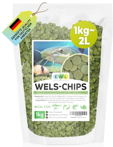 EWL Naturprodukte Wels Futtertabletten 1 kg (ca. 2 L), XL Pack, Welsfutter, Wels Chips mit Spirulina, Fischfutter Aquarium, Welstabletten, geprüfte Qualität von deutschem Anbieter