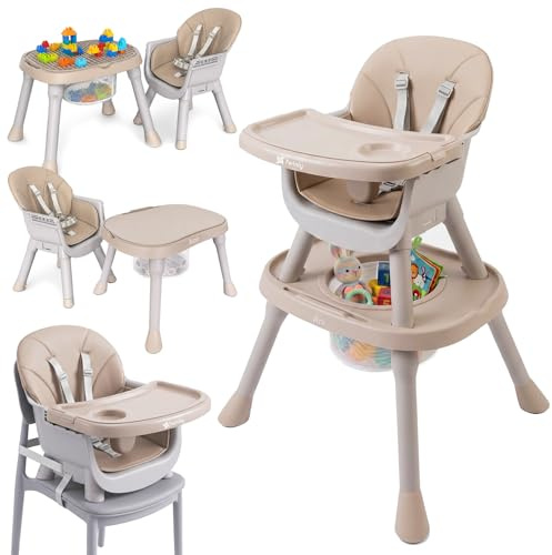 Twinly Ani 4 in 1 Baby Hochstuhl, Umwandelbarer Babyhochstuhl in einen Baby Fütterungsstuhl, Multifunktions-Hochstuhl mit Tablett und Geschirr, Kindertisch und Stuhl, Sitzerhöhung bis 15 kg (Braun)