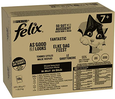 Felix So gut wie es aussieht Senior Katzenfutter nass in Gelee, Sorten-Mix, 120er Pack (120 x 85g)