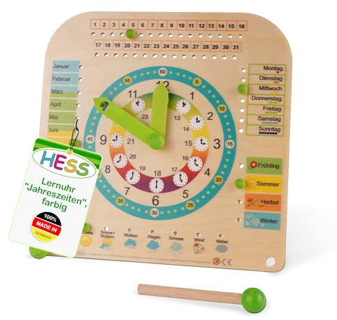 HESS Since 1990 - Lernuhr für Kinder mit Kalender, aus Holz, 25cm x 25cm, aus dem Erzgebirge
