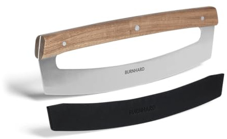 BURNHARD® Pizzaschneider aus Klingenstahl, Wiegemesser, 35,5 cm Klinge, Pizzamesser inkl. Klingenschutz, scharfer Pizza Cutter ohne Zerdrücken, Akazienholzgriff