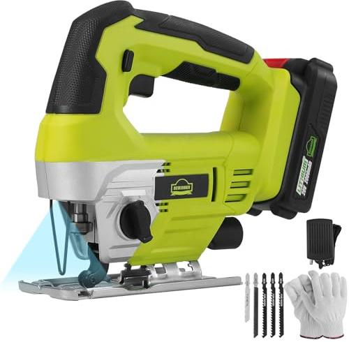 DEWINNER Akku-Stichsäge 20V, 2400SPM Elektrische Stichsäge mit Laser, ausgestattet mit 2,0 Ah Akku, Ladegerät und 5-Klingen, 4 Orbital Position, Abschrägung ± 45°, Schneller Klingenwechsel