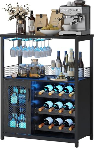 Garvee Weinschrank Weinregal Industrial mit Led Licht Barschrank mit Verstellbarem Weinregal und Glashalter Getränkeaufbewahrung Weinbarschrank für Küche Esszimmer Wohnzimmer 70x35x92 cm Schwarz