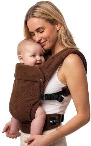 Boba Auri Babytrage Baumwolle Neugeborene-Kleinkind, 3-20 kg, Cord Braun | Weiches Atmungsaktives Gewebe, Ergonomischer Sitz in M-Position, 3 Trageweisen: Bauch zu dir, nach vorn & Rücken.