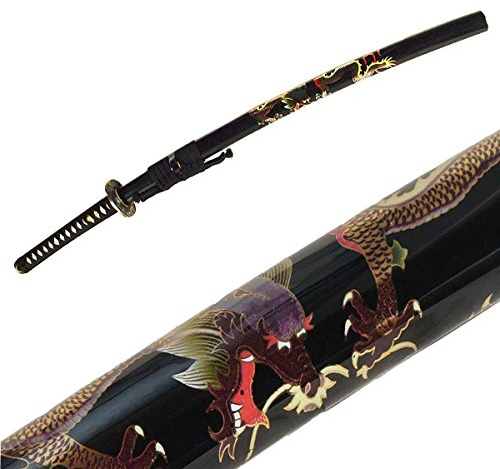 DerShogun Drachen Katana scharf – echtes Schwert aus gefaltetem Damaszener Stahl – 104 cm Samuraischwert inkl. verzierter Saya & Schwertbeutel – Handgefertigt