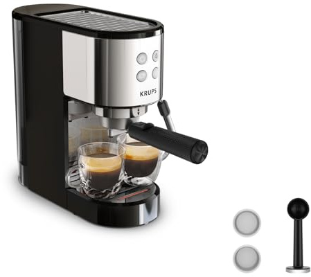 Krups Virtuoso Essential Espresso-Siebträgermaschine, 15 bar, Edelstahl-Applikationen, schlankes Design, Bedienfeld mit 4 Funktionen, inkl. Barista-Zubehör, Edelstahl, XP441810