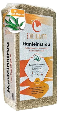 eivolution Hanfeinstreu mit Eukalyptus 14 kg - Staubfrei für Hühner & Pferde - Hochsaugfähig Nachhaltig