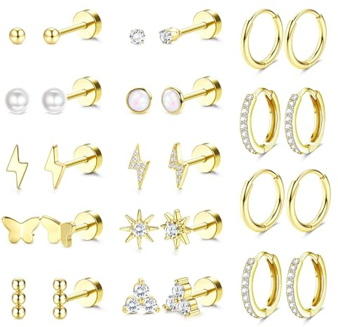 Morfetto 14Paar Ohrringe Gold Ohrstecker Gold Wasserfest,Chirurgenstahl,14K Vergoldet,Medizinische Ohrstecker Creolen CZ Conch Tragus Piercing Ohr Set Goldene Ohrringe für Damen Herren