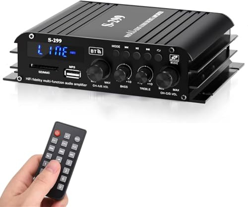 4.1-Kanal Verstärker, 1600W Mini hifi Verstärker, Bluetooth 5.0 | für Heimlautsprecher 40W x 4 + Active Subwoofer, USB TF Steckplatz MP3 Player mit Fernbedienung (nicht Batterie)