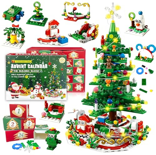 VEEKAY Adventskalender 2025 für Kinder,Weihnachtsbaum Bausteine,24-Tage Weihnachtskalender Countdown Kalender,Weihnachts geschenk für Jungen & Mädchen (Weihnachtsbaum – Weihnachtsmann)