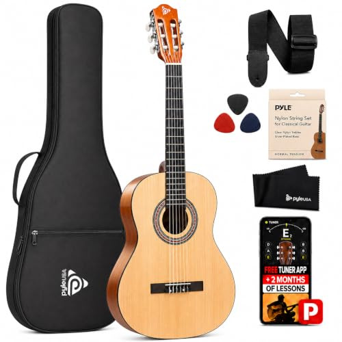 Pyle Konzertgitarre für Anfänger, Rechtshändig, 3/4, Natur Glanz | Inkl. Stimmgerät, Gigbag, Gurt, Plektren & Extra Saiten, Kindergitarre für Einsteiger