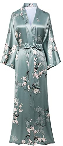 BABEYOND Damen Morgenmantel Maxi Lang Satin Sommer Kimono Blumen Muster Gedruckt Bademantel Kimono Strickjacke Damen Lange Robe Blumen Schlafmantel Girl Pajama Party