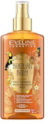 EVELINE COSMETICS Brazilian Body Luxuriöses Selbstbräunungsspray 5in1 für Gesicht & Körper Helle und dunkle Haut Sofortige Wirkung Sieben Tage anhaltende PureTan-Technologie pflanzliche Basis 150 ml
