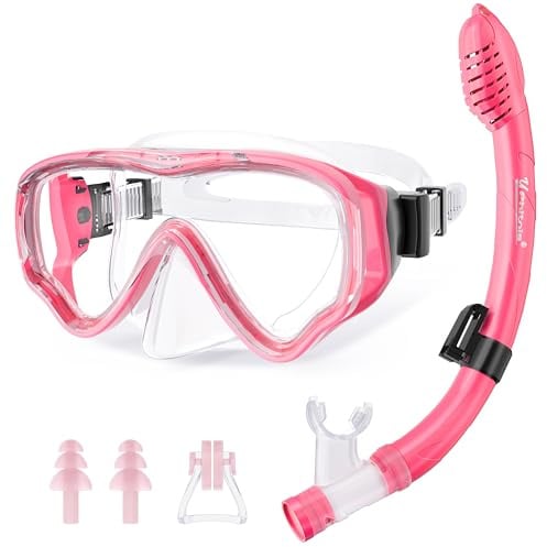 UPhitnis Schnorchelset Kinder - Taucherbrille Anti-Fog und Trocken Schnorchel - Anti-Leck Tauchmaske Dry Schnorchel - Schnorcheln Set für Jungen Mädchen - Rosa, Blau, Schwarz, Gelb