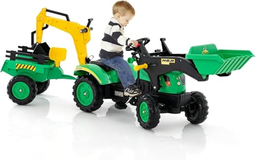 DREAMADE Trettraktor, Kindertraktor mit Anhänger & Schaufel & Frontlader, Kinderbagger Sitzbagger mit Hupe & Rechen, Tretfahrzeug für Kinder ab 3 Jahren (Grün)