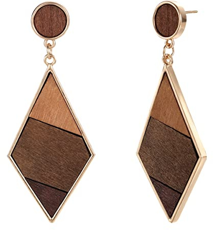 Emibele Damen Ohrringe Hängend mit Geometrie-Design, Trendige Damenohrringe mit Goldbesatz, Stilvolle Diamantförmige Ohrringe aus Holz, Schmuck für Party & Verabredung, Braun