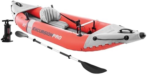 INTEX "Excursion Pro K1" Kajak aufblasbar 1 Person max 100 kg (305x91x46cm) Kanu aufblasbar Set mit Alupaddel & Pumpe mit Halterung für Handy oder Action-Cam, orange (68303NP)