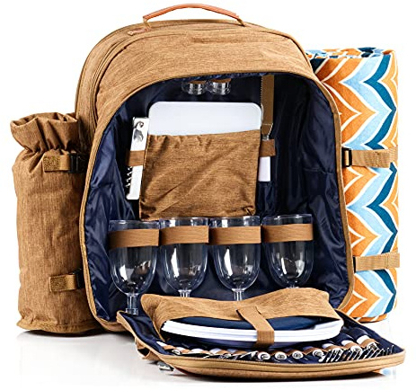 CampFeuer Picknickrucksack für 4 Personen | braun | Picknickset 32-teilig | inkl. Flaschenhalter und Fleece Decke, großem Kühlfach, Geschirr und Besteck | Rucksack mit Campinggeschirr, Picknickset