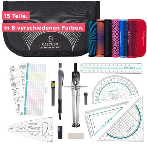 CALCUSO Geometrie Set Pro – 15-teiliges Geodreieck Set mit Zirkel mit Feststellrad, Lineal, Radiergummi und Anspitzer in schwarzer Federmappe – ideal für Schule, Uni, Büro, Zirkel ab 4. Klasse
