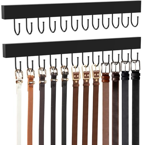HOMEBROS Gürtelaufhänger, Wandhalterung, Holzschrank-Gürtel-Organizer mit 24 Metallhaken, 360° drehbar, großes Fassungsvermögen, schwarz, 2 Stück