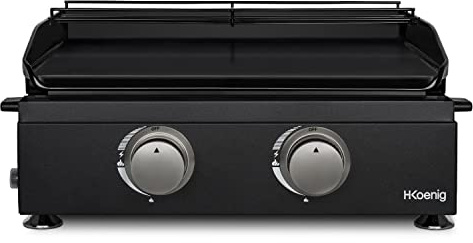 H.Koenig Plancha PLX1022 Gasgrill mit 2 U-Brenner aus Edelstahl, emailliertes Gusseisen, Stromversorgung für Propan oder Butan, gleichmäßige Wärmeverteilung, Temperatur einstellbar bis 350 °C