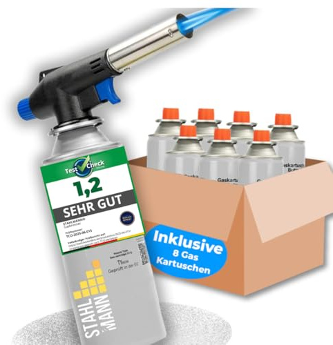 STAHLMANN ® Gasbrenner mit Kartusche 8x227g – Schweißbrenner max. 1300°C Temperatur – Lötlampe mit Piezozündung – Bunsenbrenner Küche -Küchenbrenner (8x Gaskartuschen)