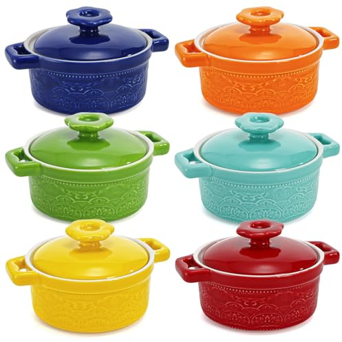 Hacaroa Set mit 6 Mini-Kokotte-Auflaufförmchen mit Deckel, 237 ml, Keramik-Auflaufförmchen mit Griffen, kleine Auflaufformen, individueller Serviertopf zum Backen, Soufflé, Suppe, Schuster, ofenfest,