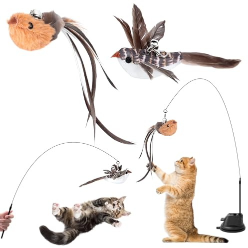 AiQInu 4 Stück Katzenspielzeug Interaktive, Katzen Spielzeug Saugnapf, 1 Katzenangel mit 2 Glöckchen Vögeln, Intelligenz Spielzeug für Katzen Zauberstab
