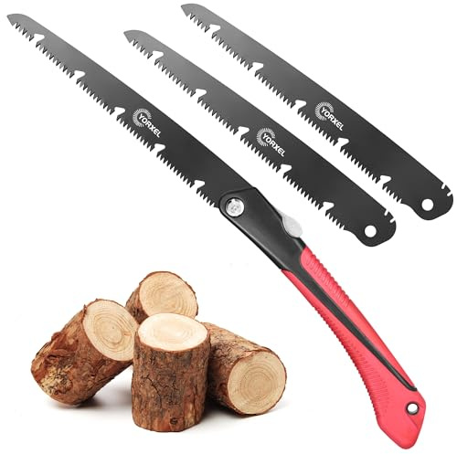 Klappsäge Astsäge 23cm - SK9 Hochkohlenstoffstahl, 2 Schneidpositionen & Sicherheitsverschluss, Handsäge holz für Garten, Holz und Outdoor Camping (TEFLON-beschichtet, inkl. 2 Ersatzklingen)