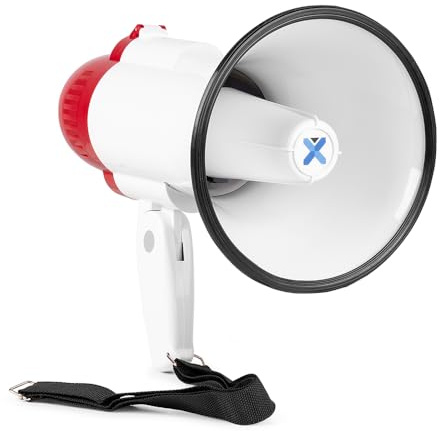 Vonyx MEG020 Megafon mit Sirene und Mikrofon, 20 Watt lautes Megaphon, Aufnahme-Funktion, Umhänge-Gurt Megaphone für Demonstrationen, Sprachverstärkung - Rot/Weiß