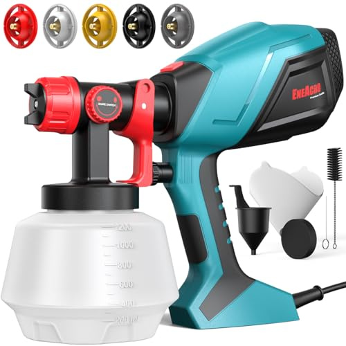 ENEACRO HVLP Farbsprühsystem 700W Lackierpistole mit 1200ml Behälter, 5 Messingdüsen（1-3mm）, Verstellbarer Fließgeschwindigkeit und Sprühwinkel, 360° Einstellbares Sprühmuster
