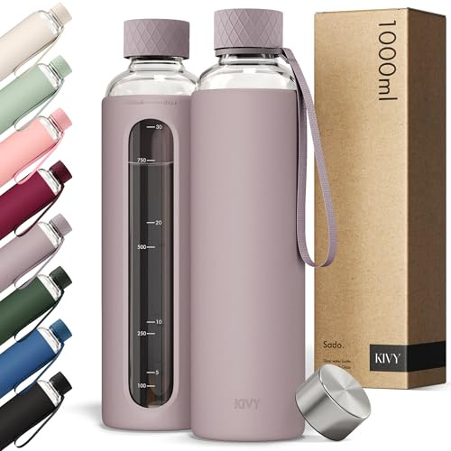 KIVY Glas Trinkflasche 1l mit Silikonschutz - Kohlensäure geeignet | Glasflasche 1 Liter - Wasserflasche 1l mit Messskala - Schlanke Glas Wasserflasche Ästhetisch - Auslaufsicher - BPA-Frei