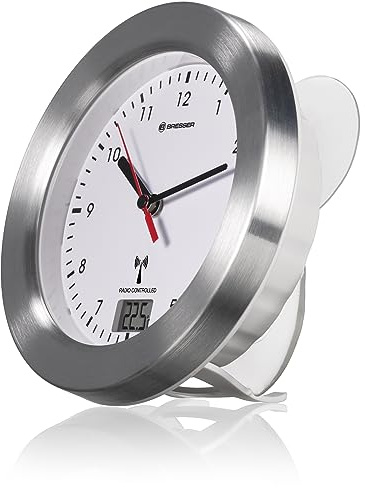 Bresser 8020114 Bad Wanduhr MyTime Bath mit Temperaturanzeige und Funkuhr mit gebürstetem Aluminiumrahmen, Saugnäpfen und Standfuß für Tischmontage, Weiß, Weiss