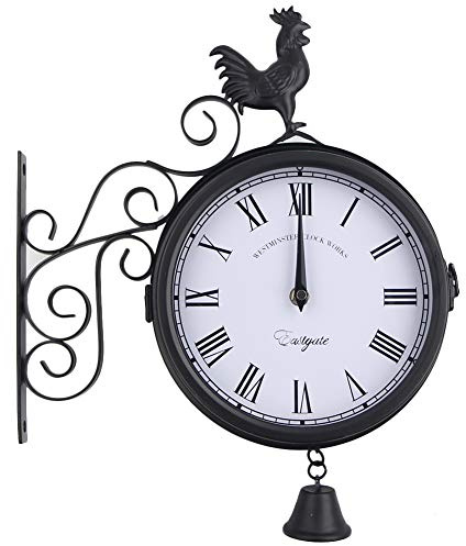 FIYSON Wanduhr Doppelseitig,Doppelseitige Bahnhofsuhr, wasserdichte Wanduhr 30 x 37 x 9 cm Bahnhofsuhr mit schmiedeeisernem Design Retrostil Gartenuhr für Bahnhof, Korridoren oder Gärten, schwarz
