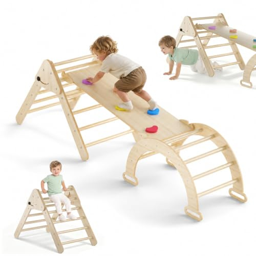 Froadp Klettergerüst Indoor 3-in-1 mit Rutsche und Kletterbogen Kletterdreieck aus Naturholz Klappbar, Stabil Lernspielzeug Set für ab 1 Jahr Kleinkinder 40 kg Tragfähigkeit