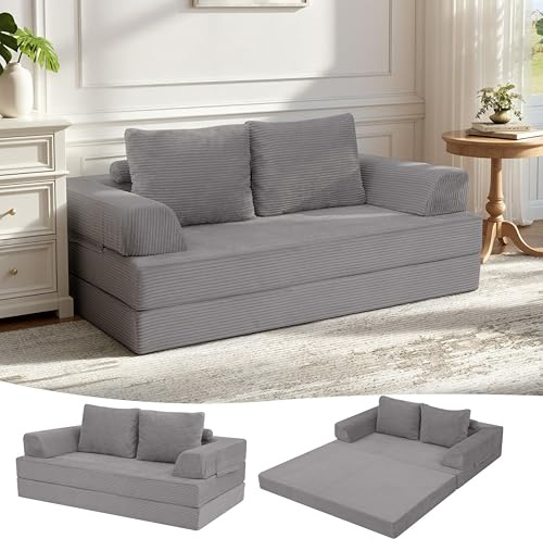 MeMoreCool Schlafsofa Cord, Klappbares Bodensofa mit Kissen, Hellgrau | Komfortables Boden Sofa mit Matratze und Weicher Cord Oberfläche, Ideal als Schlafplatz, Lounge oder Gästebett