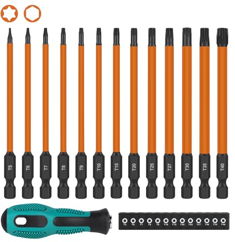 EFUTURETIME 13 Stück Torx Bit Set Lang 100mm 1/4 T5-T40 S2 Stahl | Bitsatz Magnetisch mit Torxschraubendreher, T5 T6 T7 T8 T9 T10 T15 T20 T25 T27 T30 T35 T40