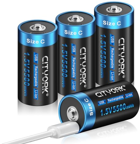 CITYORK USB-C Baby C Wiederaufladbar Batterien, 4 Stück 1.5V 5500mWh C Zelle Aufladbare C Akku mit Typ-C 4 in 1 Kabel