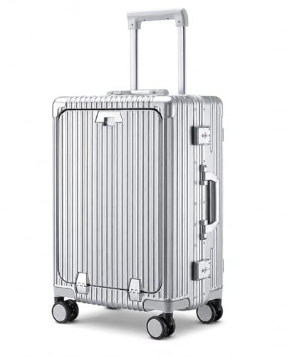 LANMOU Business Handgepäck Koffer, 20 Zoll Hartschalenkoffer mit Laptopfach, Alu-Rahmen, USB-C Anschluss & Getränkehalter, TSA Schloss, 4 Rollen, PC Kabinenkoffer Silber, 56cm
