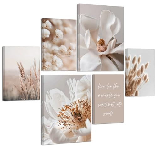 6 Sets of Beige Blumen Schilf Leinwandbilder mit Rahmen Ästhetik Weiß Blumenmuster Pflanzen Bilder Moderne Wandbilder Schlafzimmer Bild Auf Leinwand Kunstdruck Deko für Wohnzimmer 20X30X4+30X40X2