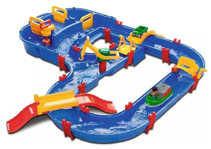AquaPlay - MegaBridge - Wasserbahnset mit 3 Spielstationen und 49 Teilen, inklusive BO der Bär, Amphibienauto und Transportboot mit 2 Containern, für Kinder ab 3 Jahren